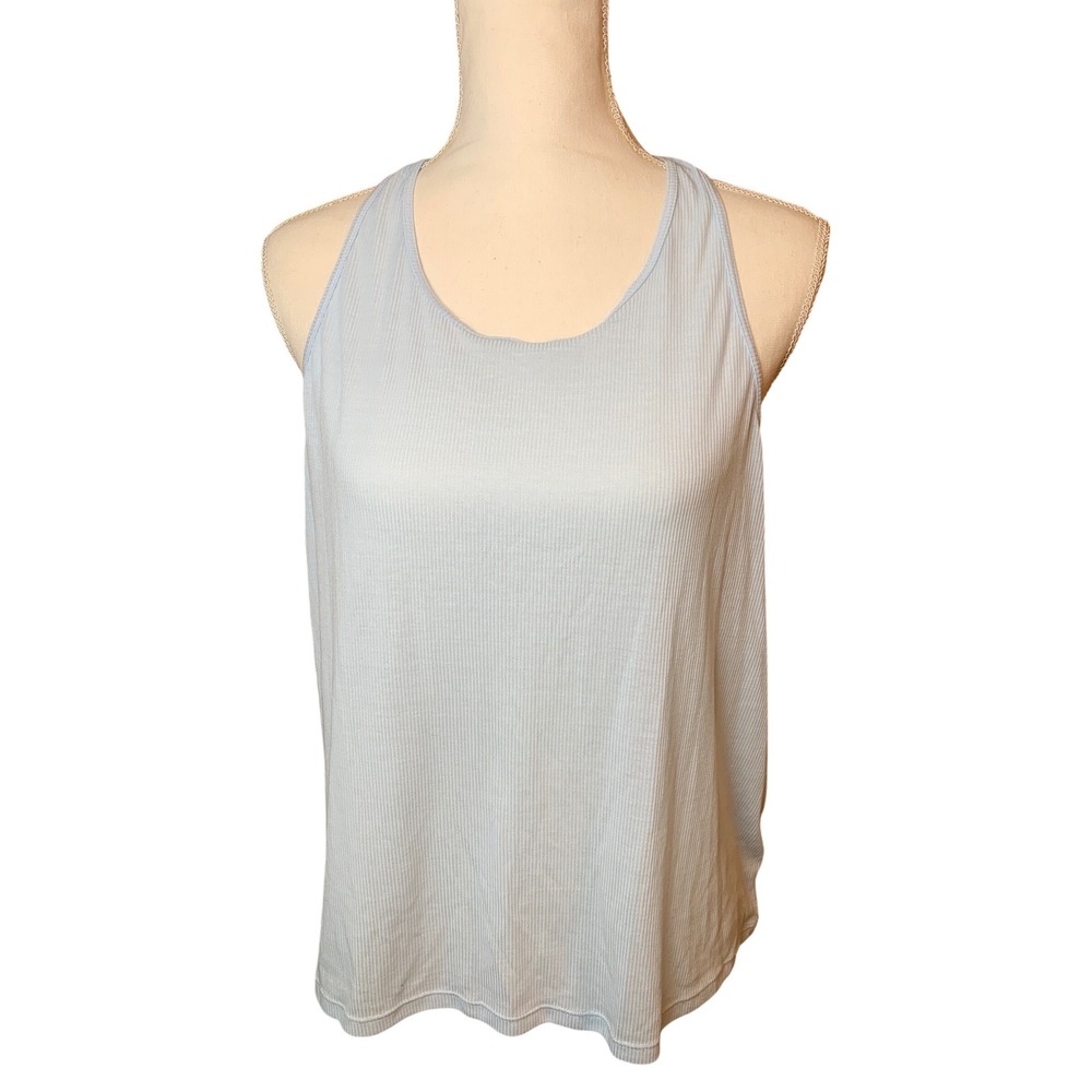 Prana Womens Light Blue‎ Ribbed Tank Top Deep V-Back Tie Wooden Beads Size L